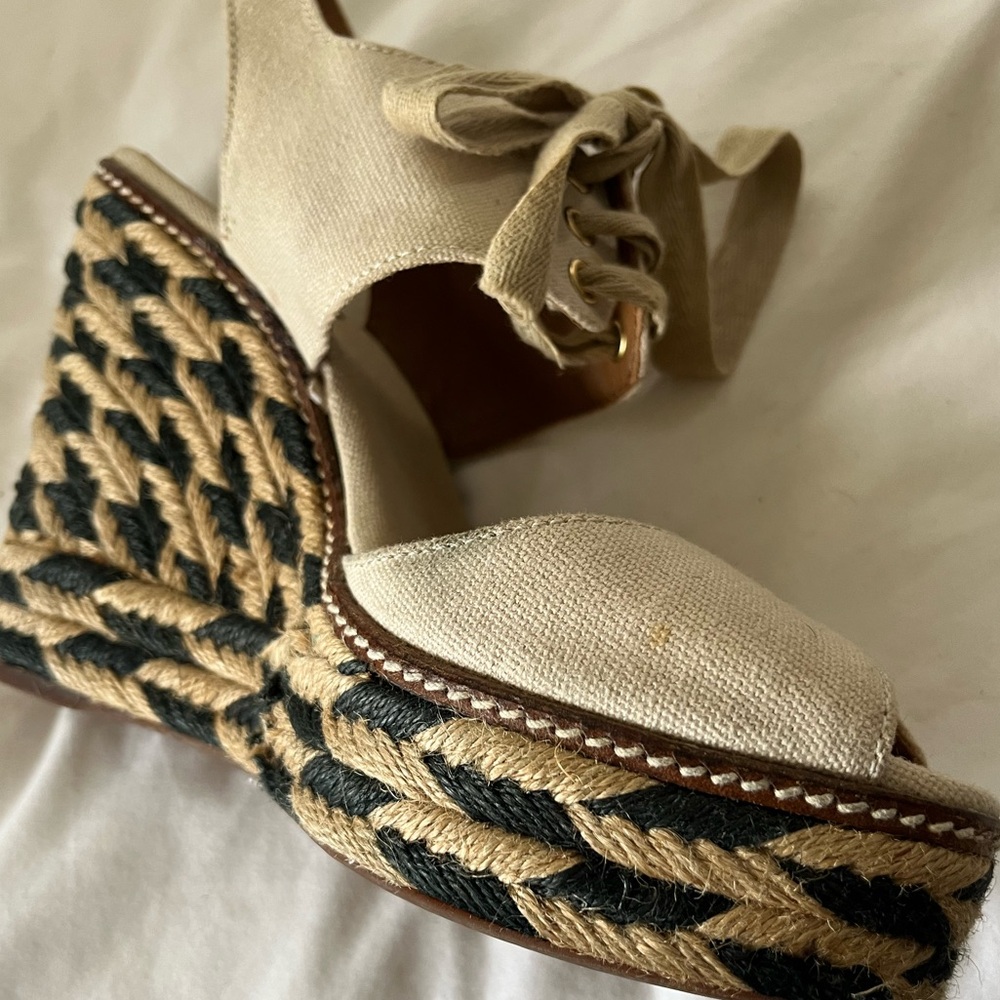 Tory Burch Wedge Heel  tan/canvas and black wedge heel.